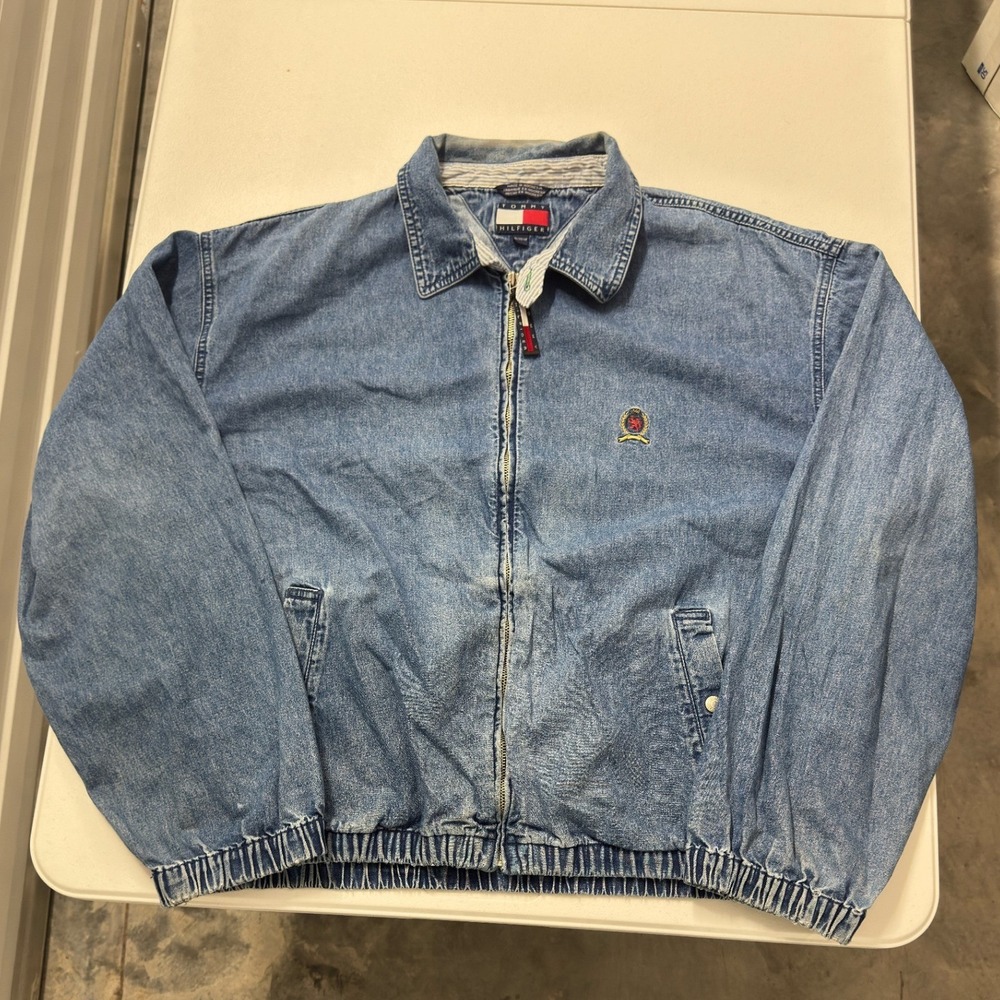 Tommy Hilfiger Denim Jacket Mens XL Blue Excellent Vintage 90s Full Zip Bomber
